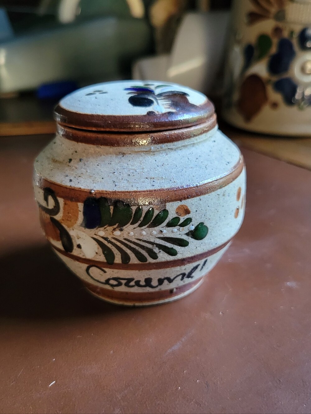 Pottery Hand Painted Mexican Stoneware Cozumel Trinket Dish w/Lid